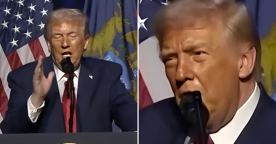 Donald Trump speaking during a Michigan visit as viewers focus on uneven makeup on his face