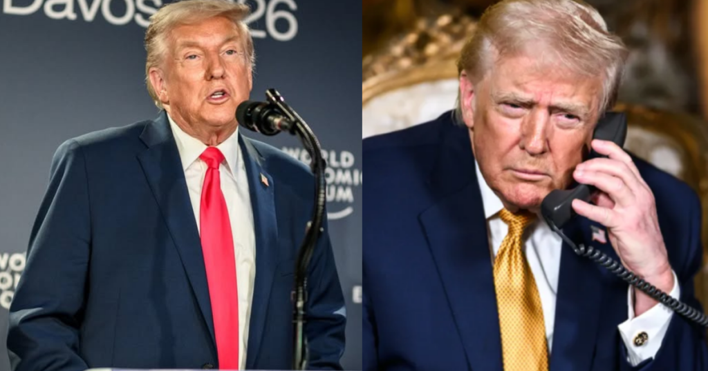 Trump at Davos (l), a glimpse of his hand bruises (r)