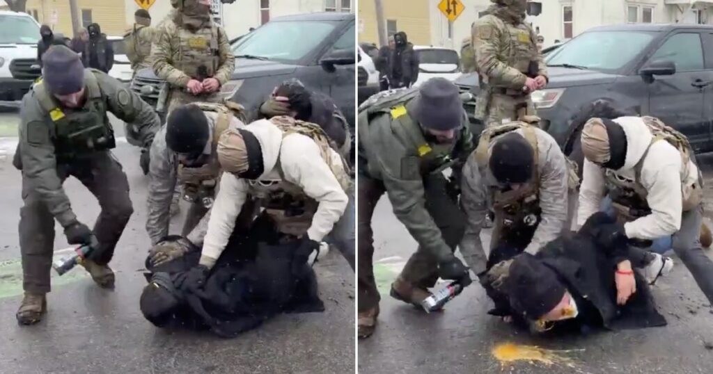 Federal Agents spray chemical irritants directly on mans face in south Minneapolis.