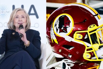 Hillary Clinton and a Washington Redskins helmet