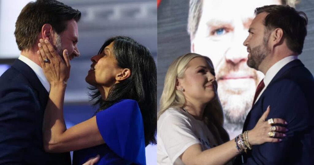 JD Vance with his wife Usha Vance and TPUSA CEO Erika Kirk. (left- @SUBRATA30016572|X.com) and (right- @SumitHansd|X.com).