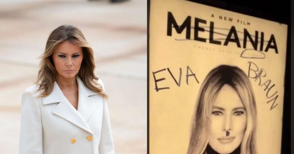 Melania Trump’s new documentary ads vandalized as backlash for Trump administration grows. (left- via picryl) and (right-@makerz_king|X.com).