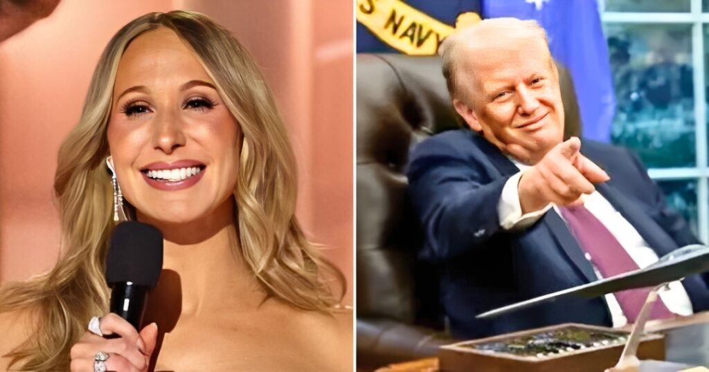 Nikki Glaser onstage at the 2026 Golden Globe Awards, where she chose to leave Trump jokes off the mic