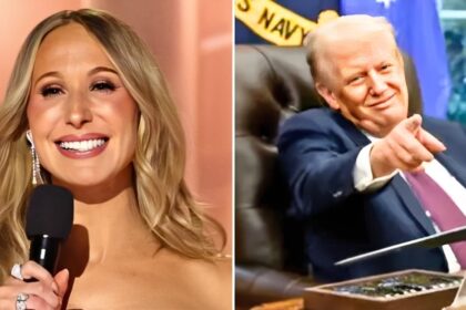 Nikki Glaser onstage at the 2026 Golden Globe Awards, where she chose to leave Trump jokes off the mic