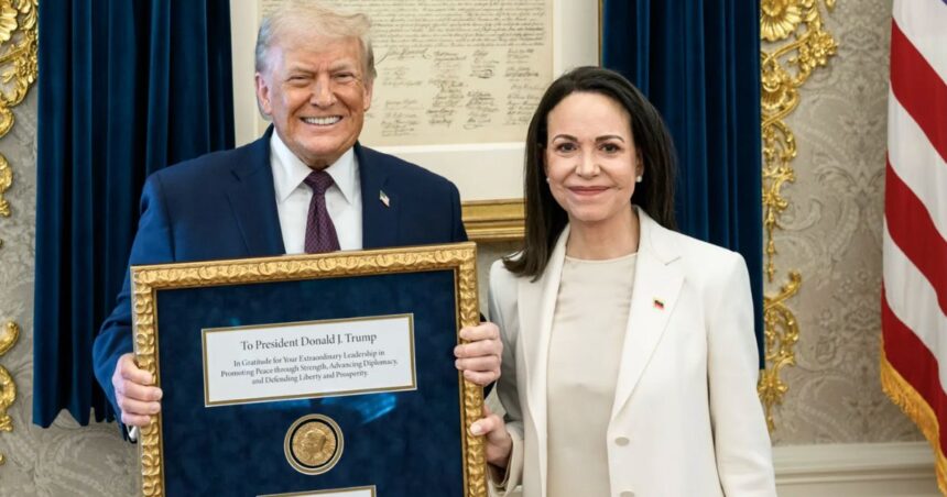 Venezuelan Opposition Leader Maria Machado hands over her Nobel Peace Prize to Donald Trump.