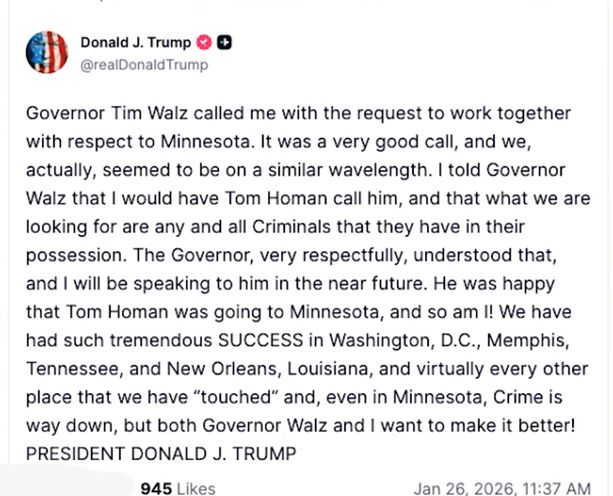 President Donald Trump to work together with Governor Tim Walz on Minnesota