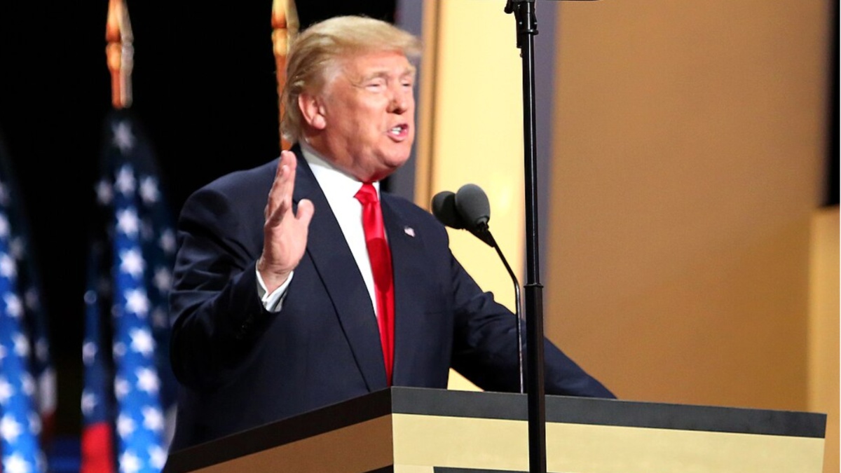 Donald Trump giving a speech.