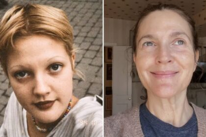 Drew Barrymore in a 1990s throwback photo with short blonde hair alongside a 2025 portrait