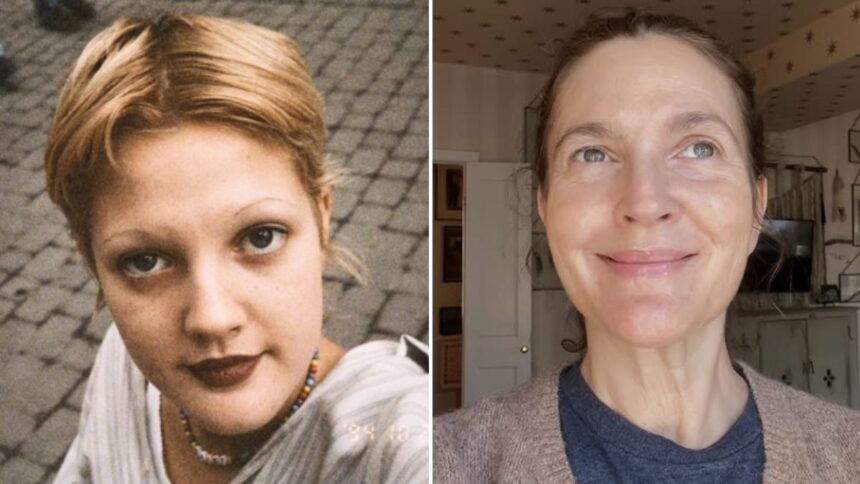 Drew Barrymore in a 1990s throwback photo with short blonde hair alongside a 2025 portrait