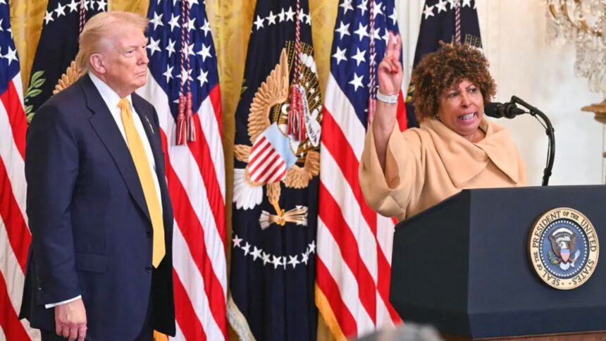 Forlesia Cook (R) speaks at a Black History Month celebration in the White House as President Donald Trump (L) looks on | Image via Fox News