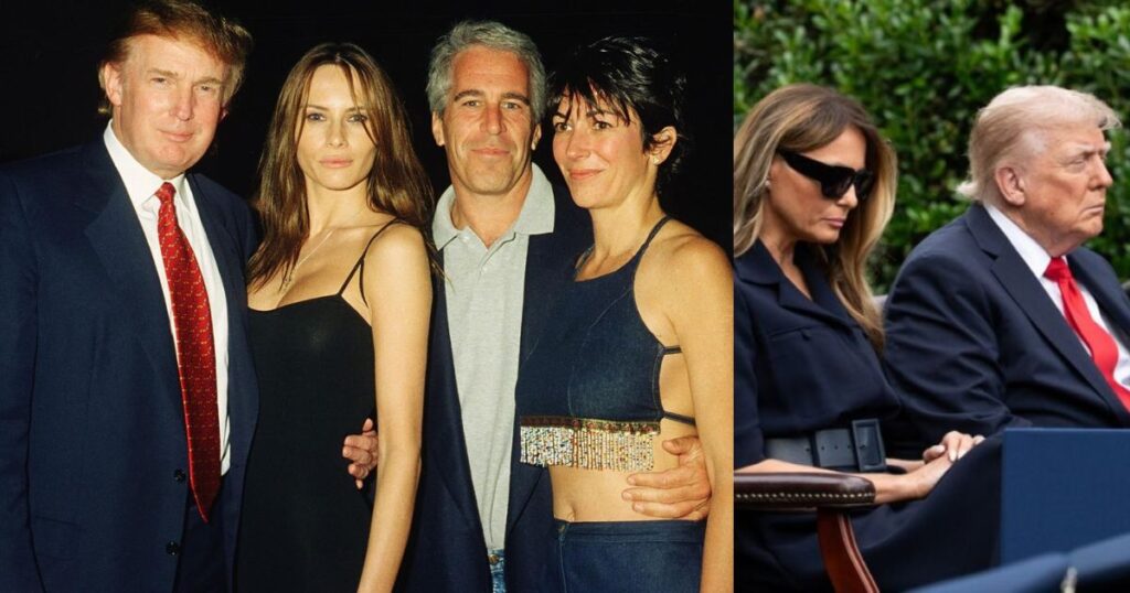 From (L )Donald Trump, Melania Trump, Jeffrey Epstein, and Ghislaine Maxwell at a social event (R) Donald and Melania Trump now. (left- @ConflictAlarm|X.com) and (right-/White House|X.com).