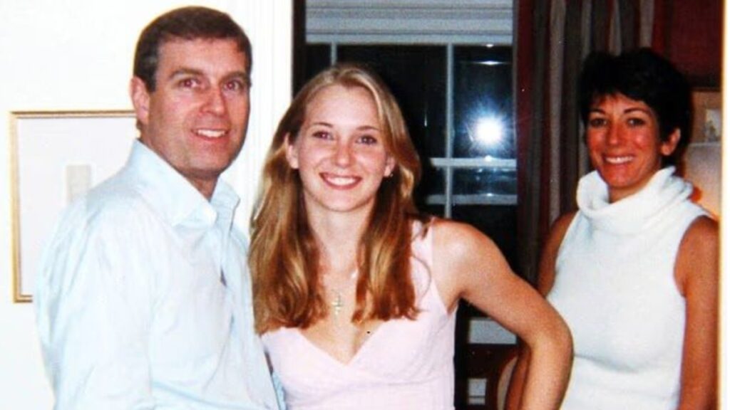 Former Prince Andrew with Virginia Giuffre and Ghislaine Maxwell