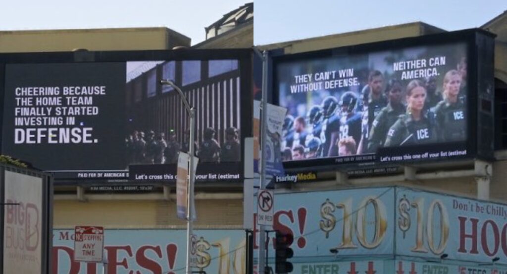 Immigration and Customs Enforcement (ICE) advertisements in Santa Clara, Calif., ahead of Super Bowl LX
