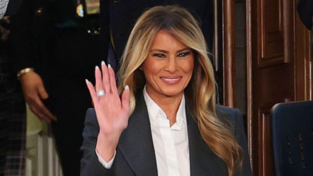 Melania Trump wearing a plain black pantsuit and white shirt at the 2026 State of the Union