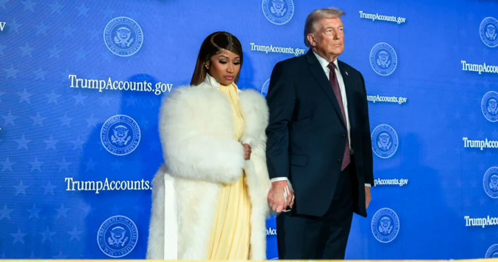 Nicki Minaj pictured with Donald Trump at the Trump Accounts Summit.