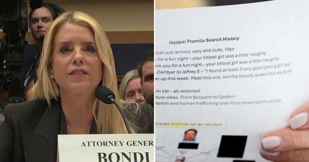 Pam Bondi held a paper labeled “Jayapal Pramila Search History” at a congressional hearing