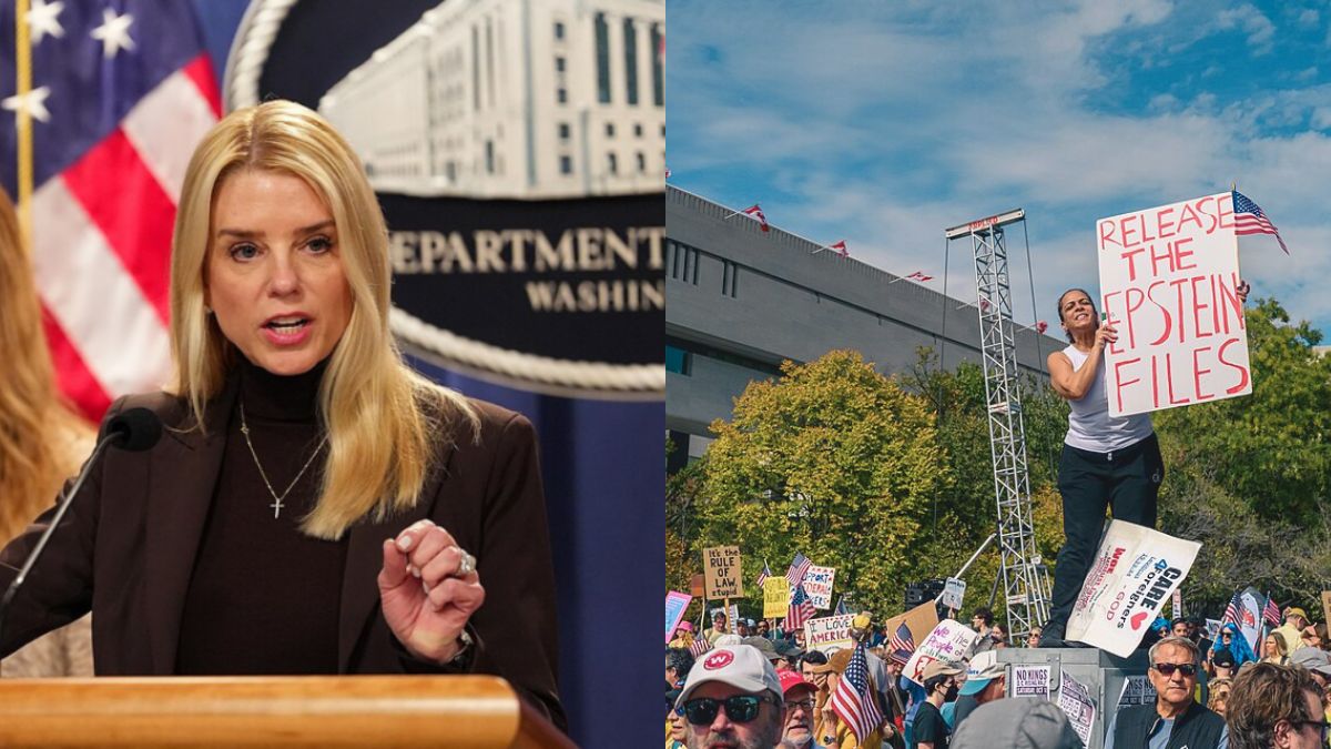 Pam Bondi was scrutinized by the public after she revealed that all Epstein files were successfully released in a public statement to Congress. (left- The White House/Wikimedia Commons) and (left- Geoff Livingston|via Flickr).
