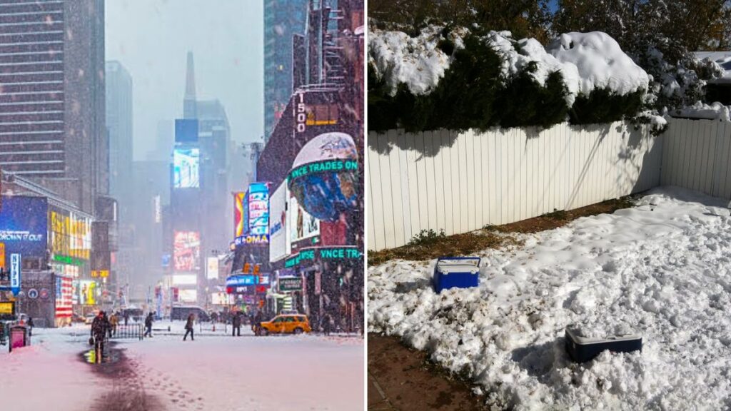 Snow-covered Times Square during a blizzard in New York City with low visibility and empty streets