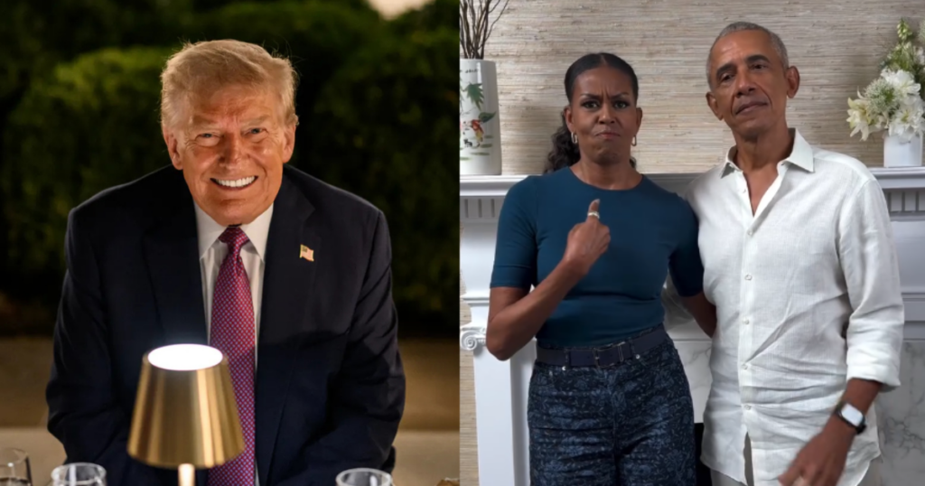 Trump addresses the racist video he posted attacking Obamas.