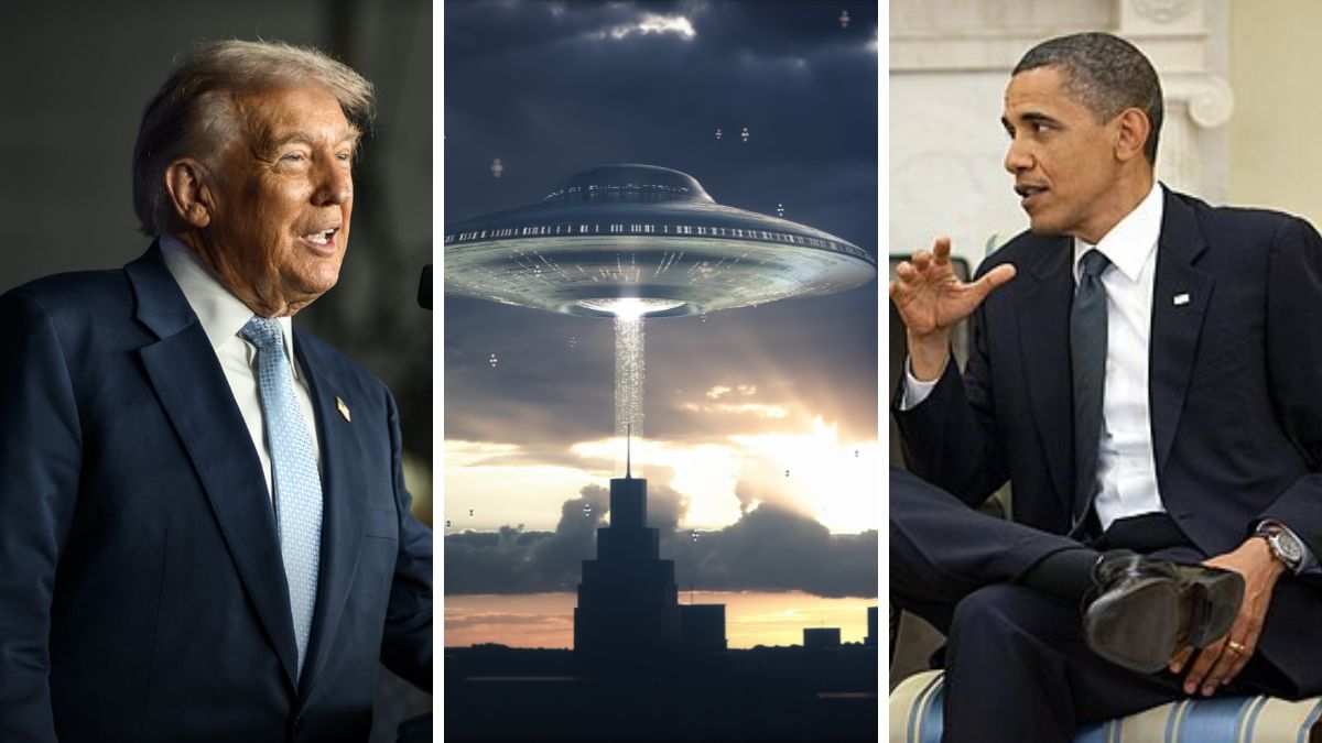 Donald Trump speaks with reporters aboard Air Force One after accusing Barack Obama of revealing classified information about aliens.