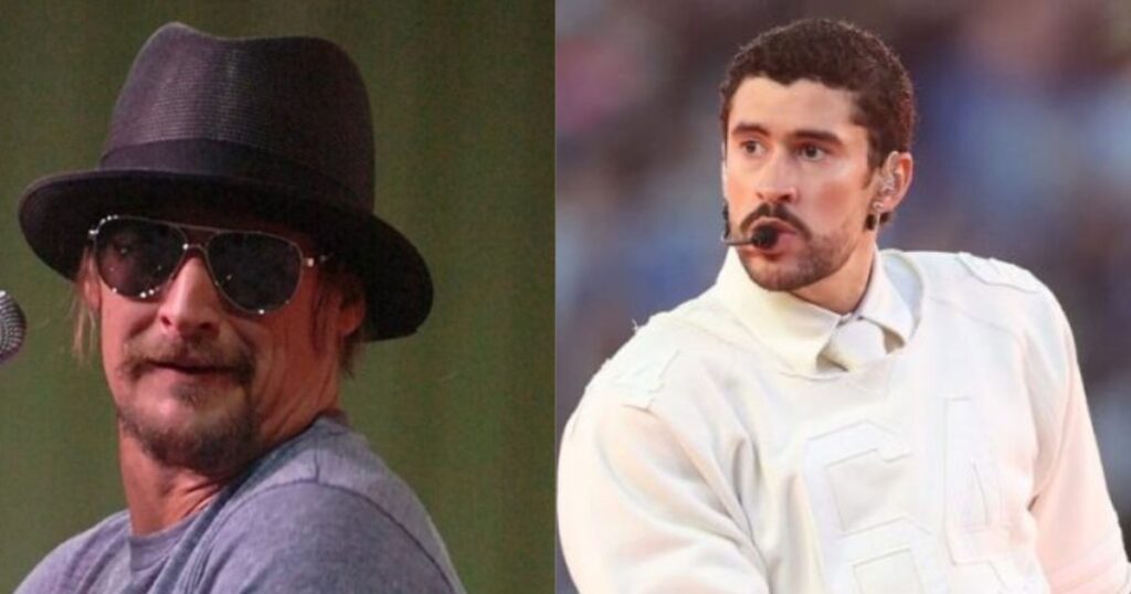 While Bad Bunny’s NFL Super Bowl halftime performance drew tens of millions of viewers and widespread acclaim, Kid Rock’s performance faced criticism and confusion. (left- via Wikimedia Commons) and (right- @porqueTTarg/X.com).