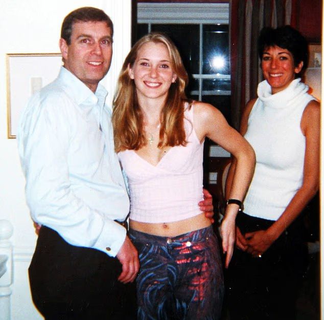 Former Prince Andrew with Virginia Giuffre and Ghislaine Maxwell