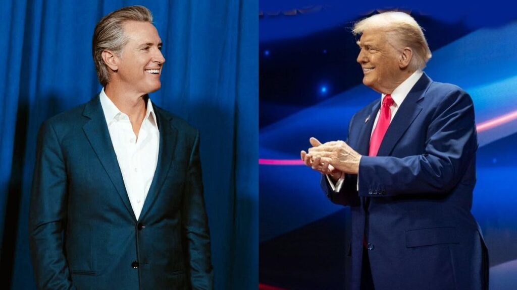 Gavin Newsom reacts to a new banner placed on the DOJ building in Washington DC