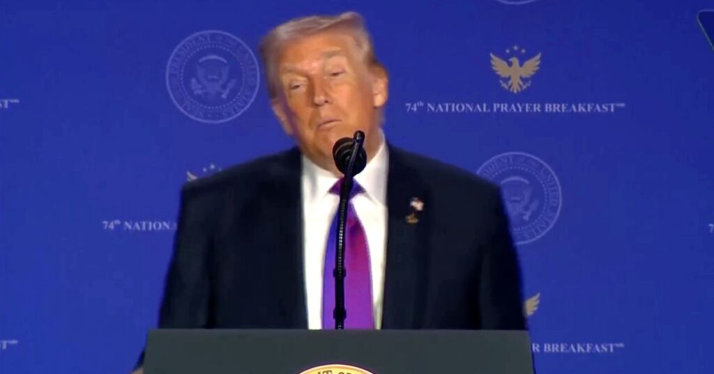 Donald Trump addressed the audience at the National Prayer Breakfast about his chances of getting into Heaven.