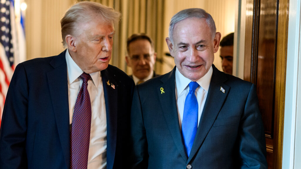 U.S. President Donald Trump speaks with Israeli Prime Minister Benjamin Netanyahu