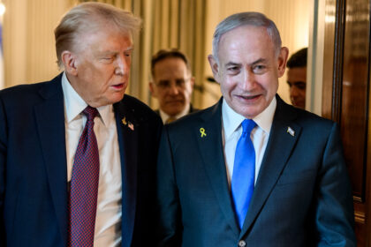 U.S. President Donald Trump speaks with Israeli Prime Minister Benjamin Netanyahu