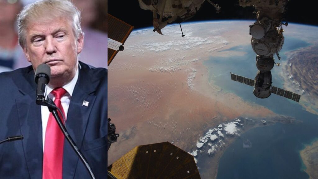Donald Trump demands allies to help reopen Strait of Hormuz as conflict halts major shipping. (left- Wikimedia Commons-Gage Skidmore) and (right- Flickr- NASA Johnson).