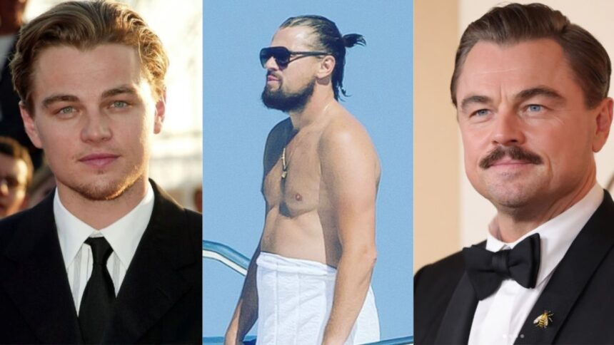 From left to right: Leonardo DiCaprio’s transformation — youth (Instagram/@leonardodicapriro), dad bod era (Instagram/@totaldadmove), and his lean 2026 Oscars look at 51 (Instagram/@justjared)