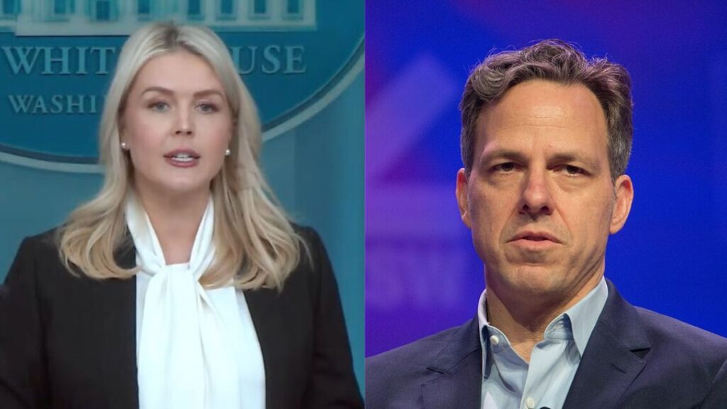 Jake Tapper calls out Karoline Leavitt after she claims media coverage of fallen U.S. troops was meant to target Trump's image. (left- YouTube @WhiteHouse)and (left- by nrkbeta- via Wikimedia Commons).