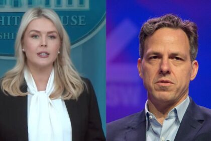 Jake Tapper calls out Karoline Leavitt after she claims media coverage of fallen U.S. troops was meant to target Trump's image. (left- YouTube @WhiteHouse)and (left- by nrkbeta- via Wikimedia Commons).