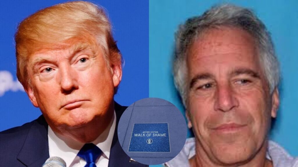 “Jeffrey Epstein Walk of Shame” installation brutally mocks Donald Trump. left- (Image via / Wikimedia Commons) and right- ((Image via / Wikimedia Commons). Circle -@PenguinSix|X.com).