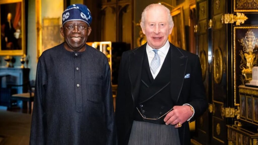 Nigerian President Bola Ahmed Tinubu with King Charles III at Windsor Castle. (Instagram/@officialasiwajubat).