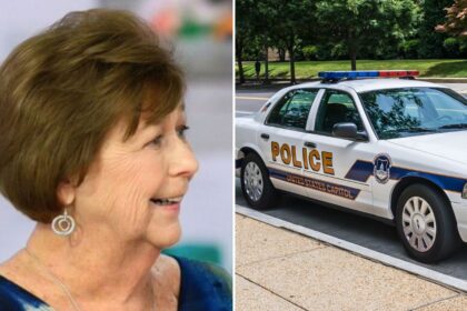 Police vehicles (R) and deputies are often outside Nancy Guthrie’s (L) Arizona residence during a search investigation