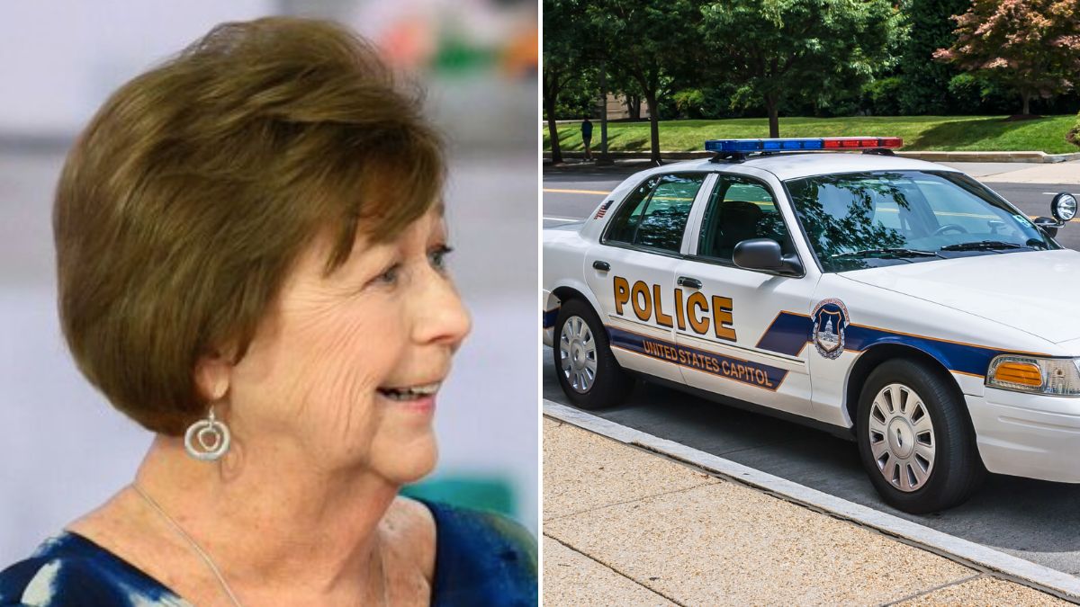 Police vehicles (R) and deputies are often outside Nancy Guthrie’s (L) Arizona residence during a search investigation