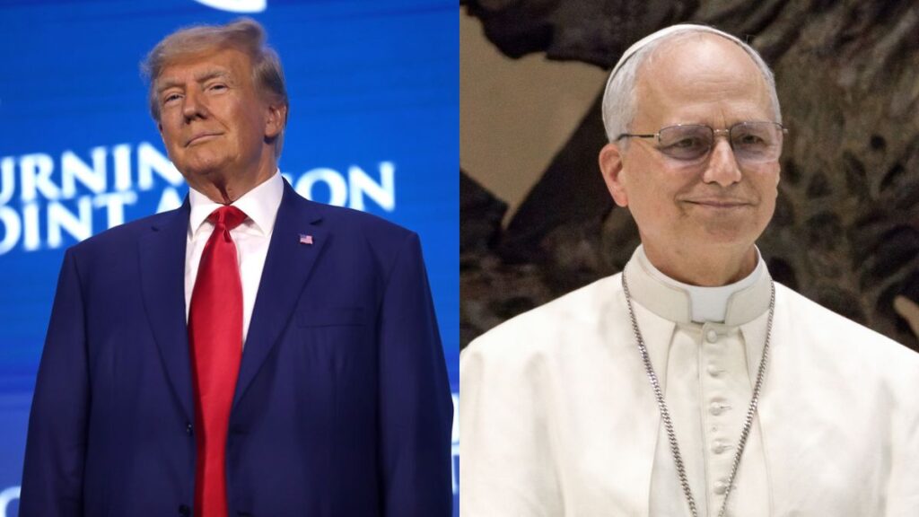 Pope Leo XIV delivered a powerful warning to Donald Trump in his Palm Sunday address. (left- Flickr/ Gage Skidmore) and (right- Wikimedia Commons/ Edgar Beltrán).