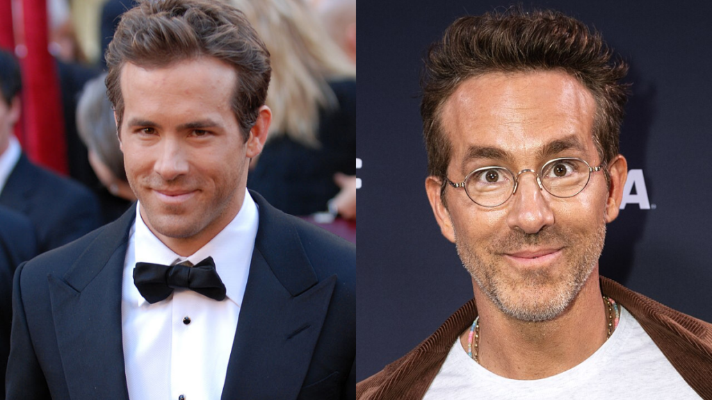 Ryan Reynolds pictured in 2010 (L) and in 2025 (R)