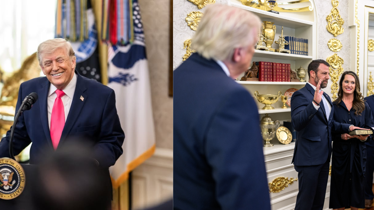 At DHS Swearing-In Ceremony, Trump Says Mullin’s Wife ‘Looks Like She’s About 22’