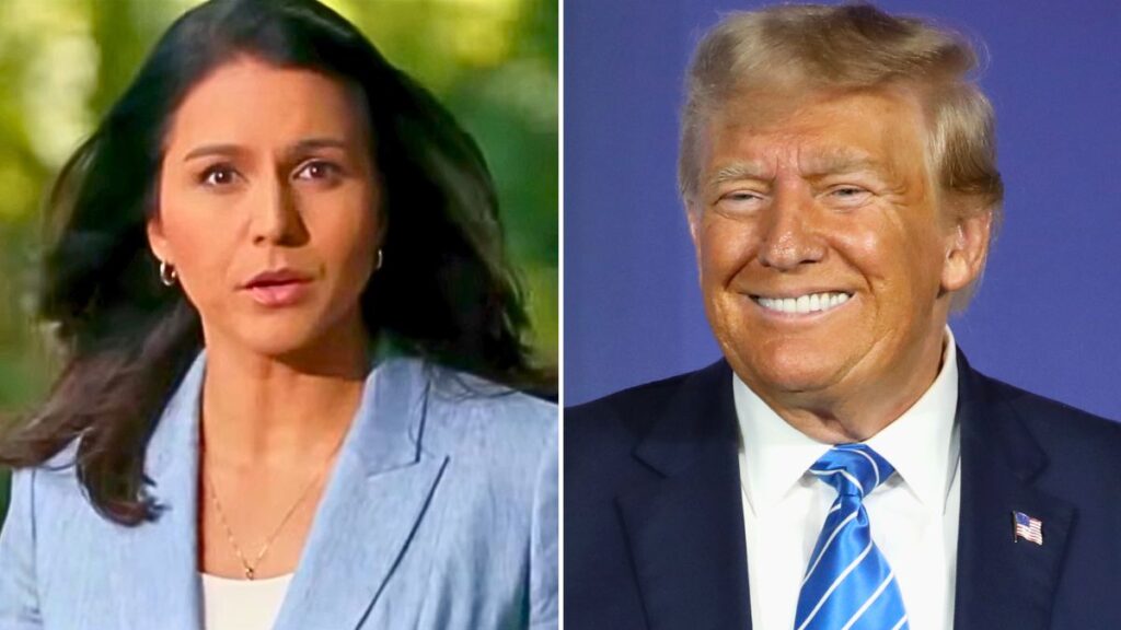 Tulsi Gabbard (L) speaks during her 2020 presidential campaign, when she warned against Donald Trump's (R) war with Iran