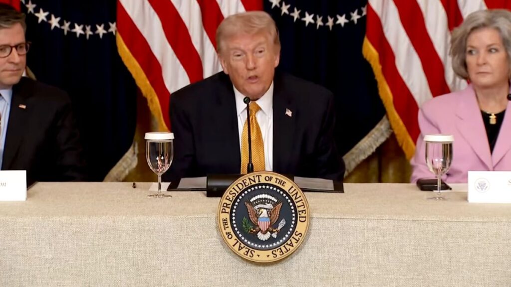 Donald Trump at the press briefing on the Iran War