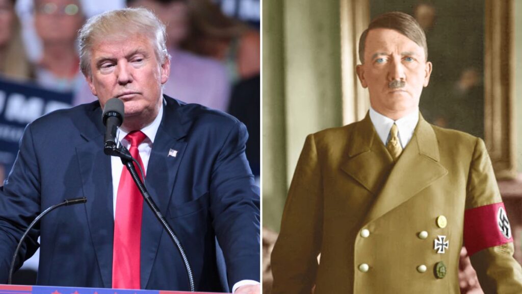 A political compass chart in an AP textbook shows Trump placed near Adolf Hitler