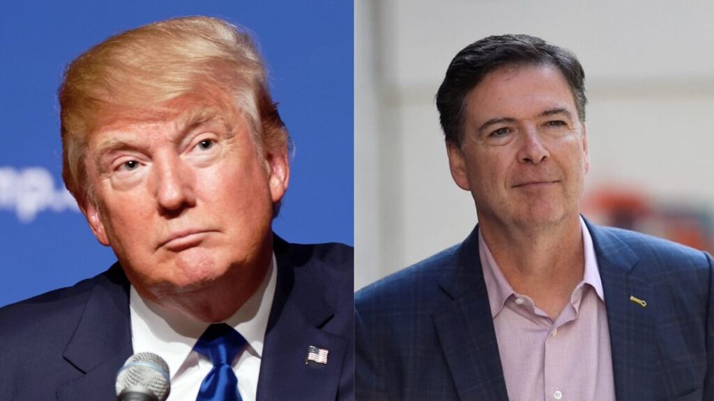DOJ files charges against James Comey for alleged threats to Donald Trump. (left- Flickr/ Michael Vadon) and (right- X/@ReallyAmerican1).