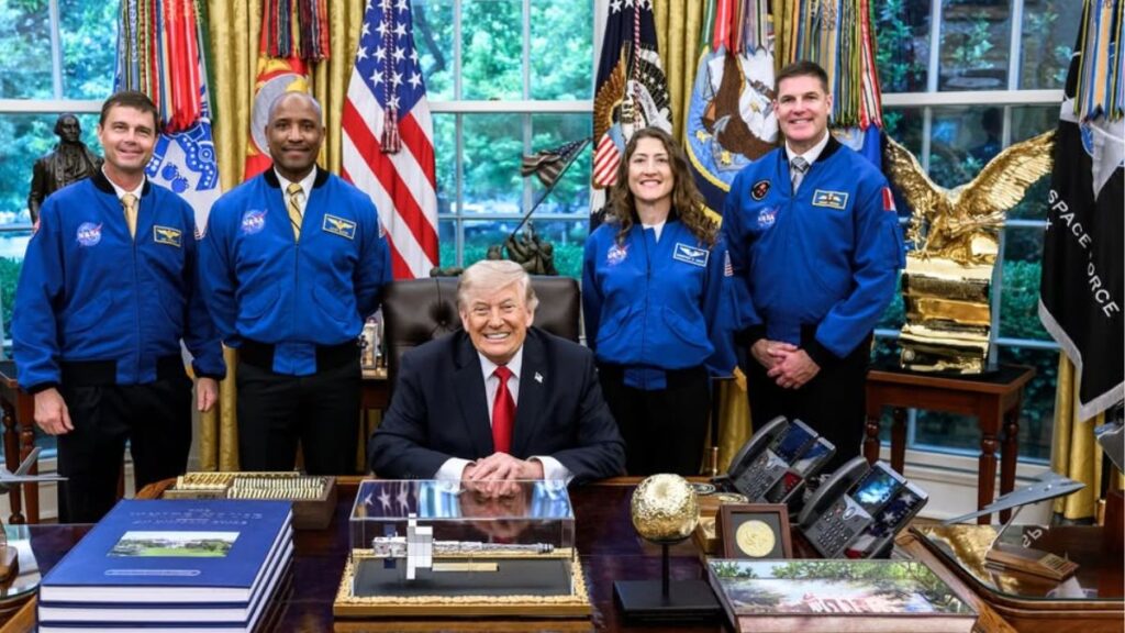 Donald Trump’s space talk draws mixed reactions online after meeting Artemis II crew.