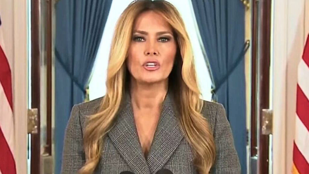 First lady Melania Trump delivers a statement at the White House addressing Epstein allegations