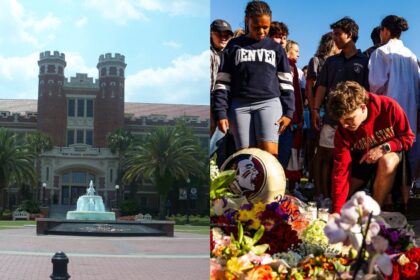 Florida State University building and students mourning deaths at the FSU after shooting inspired by AI in April 2025