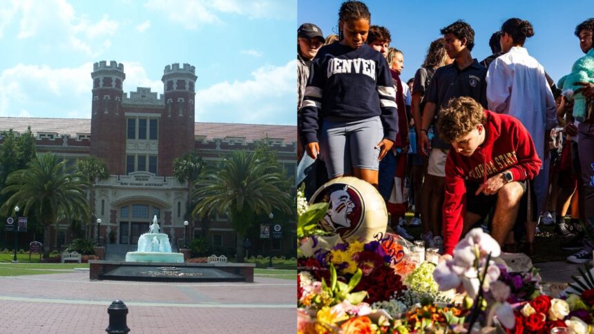 Florida State University building and students mourning deaths at the FSU after shooting inspired by AI in April 2025