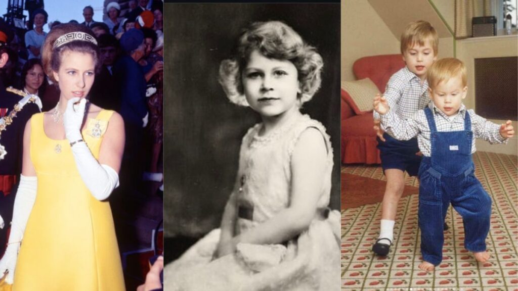 From left: Princess Anne (Instagram/@matta_of_fact), Queen Elizabeth II as a child (Instagram/@rroyalfamily_), and Prince William and Prince Harry as children (Instagram/@d1iana.princess)